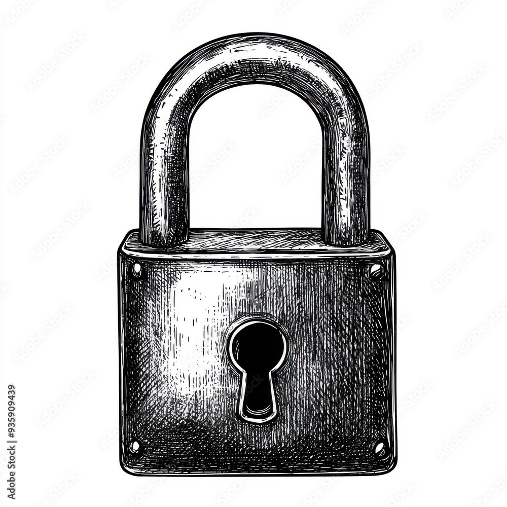 Black and white Vintage engraved art of a classic padlock, isolated on ...