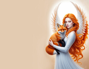 Wall Mural - beautiful angel archangel ariel with cute fox like a spiritual and religious concept of angelic love