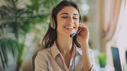 Sticker - A smiling woman wearing a headset is engaged in a conversation, emanating a warm and professional atmosphere in a plant-filled, bright workspace.