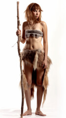 Primitive woman in tribal attire holding a spear on a white background.