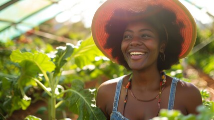 Canvas Print - A woman with a radiant smile, wearing a large hat and denim overalls, stands joyfully amidst thriving green plants in a sunlit garden.