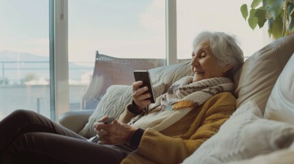 Sticker - An elderly woman comfortably relaxes on a sofa, smiling as she uses her smartphone, embodying relaxation and digital connectivity.