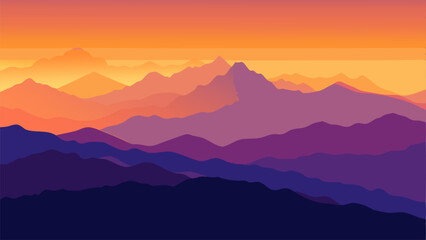 Mountains Landscape with Multiple Layers, Fog and Yellow, Blue and  Purple Sky - with Space for Text