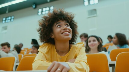 A student in a classroom smiles while looking upwards, embracing a moment of inspiration and engagement in an academic setting.