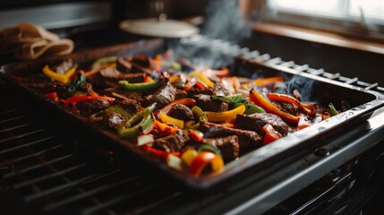 Canvas Print - A sizzling tray of colorful roasted vegetables and meat straight from the oven, releasing aromatic steam in a cozy kitchen setting.