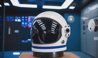 Wall Mural - a white astronaut helmet sits on a table in a futuristic room