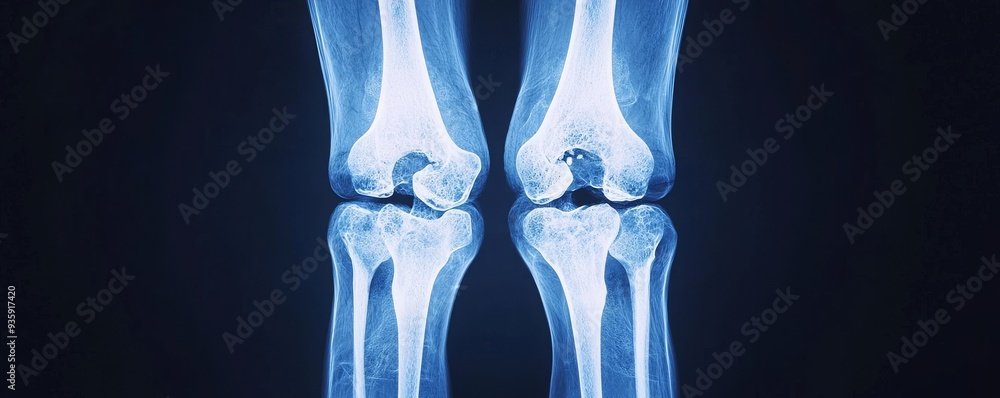 Close-up of a knee joint X-ray, showcasing bone structure and alignment ...