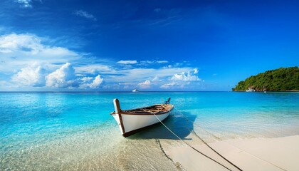 Wall Mural - Coastal Beauty: Rustic Wooden Boat Against an Azure Ocean Backdrop