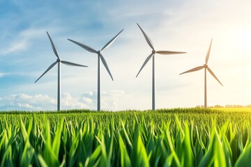 A serene landscape featuring wind turbines in a lush green field under a bright sky, symbolizing renewable energy and sustainability.