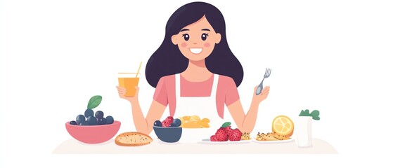 Happy woman enjoying a healthy meal with fruits and snacks on the table, promoting healthy living and nutrition. eating healthy concept.