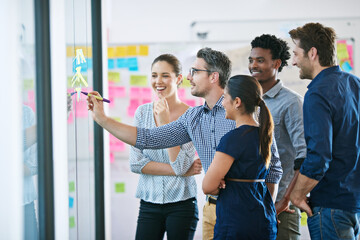 Aufkleber - Discussion, glass wall and team of business people in office planning creative strategy for brand management. Meeting, ideas and group of public relations specialists by board for project at startup.