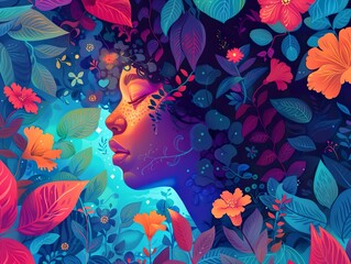 Wall Mural - Woman Surrounded by Vibrant Flowers and Leaves