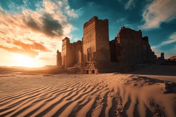 Wall Mural - The sun sets behind ancient ruins in a desert, casting long shadows and creating a dramatic glow that accentuates the historical architecture against the vast sandy landscape