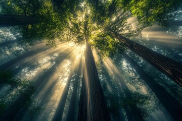 Towering redwood trees create a breathtaking vista as sunlight filters through the dense canopy, illuminating the forest floor with warm golden rays