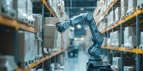 White robotic arm is lifting a package from a shelf full of cardboard boxes in a large warehouse. The robot is working autonomously in a fully automated storage facility