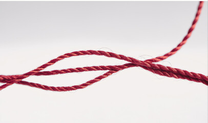 Two pieces of red yarn lay intertwined against a white background