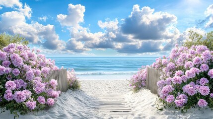 A tranquil pathway of wooden planks leads through lush dunes and vibrant pink roses to the calm ocean, with a clear sky and soft white clouds overhead