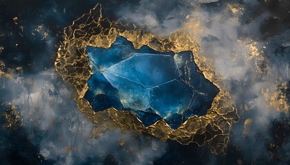 Wall Mural - Abstract Painting with a Blue Crystal Embedded in a Golden Frame