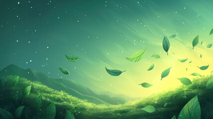 Wall Mural - A green field with leaves flying in the air