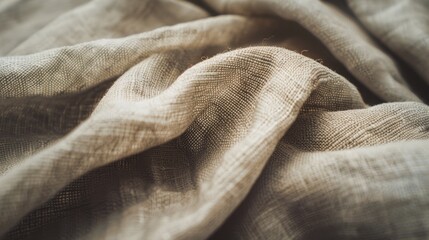 Beige linen fabric is softly folded, its texture inviting a sense of comfort, warmth, and rustic simplicity.