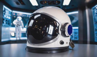 Sticker - A white astronaut helmet sits on a table in front of a screen displaying a blurry image of an astronaut