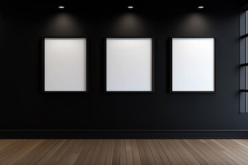 Three empty single frames illuminated by lamps on a black wall, wooden floor. Minimalistic room design. High quality interior. Advertising banner.