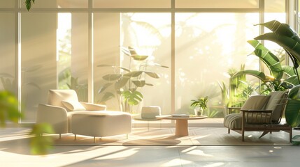 Wall Mural - Sunlight streams through large windows into a serene, modern living room adorned with lush plants and minimalist furniture.