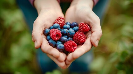 Poster - Hands hold a handful of raspberries and blueberries, freshly picked and vibrant, evoking the essence of a summer harvest and connection with nature.