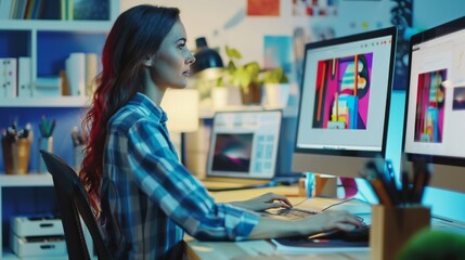 A focused designer working on colorful digital graphics at a dual-monitor setup in a creatively lit workspace.