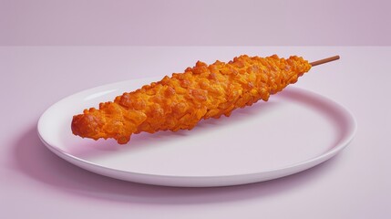 Wall Mural - A single, golden-brown, deep-fried ramen noodle skewer on a white plate