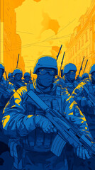 A group of soldiers in full combat gear marches through an urban environment, depicted in a bold and graphic illustration style