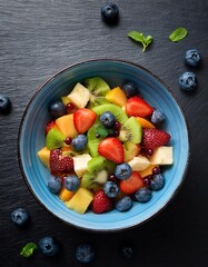 Wall Mural -  Fruit salad in a blue bowl on black slate background