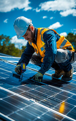 Technician installs solar panels under clear blue sky in daytime. A technician carefully works on installing solar panels, ensuring a secure fit while surrounded by a bright, sunny sky.