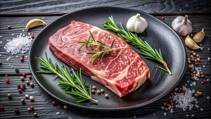 Raw marbled steak on a black plate garnished with fresh rosemary, garlic, and peppercorns, highlighting premium beef cuts, gourmet cooking, and culinary preparation for a delicious meal.
