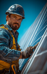 Man installing solar panels on a rooftop under a clear sky. A worker focused on installing solar panels on a sunny day, showcasing dedication and efficiency in renewable energy efforts.