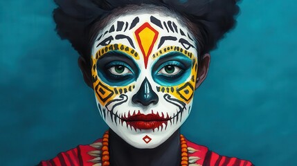 A striking portrait featuring a woman with intricate sugar skull makeup and vibrant colors, embodying cultural celebration and artistry.