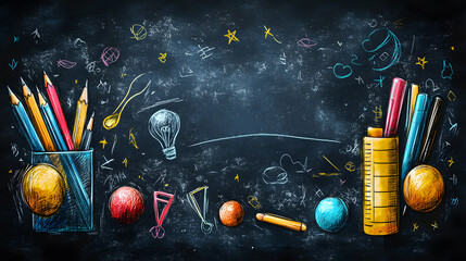 Banner with chalkboard texture for Teacher Appreciation Day, embellished with cheerful doodles of classroom tools.