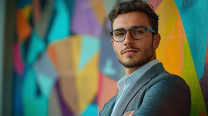 Confident young professional posing with folded arms in front of colorful wall