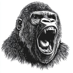 Wall Mural - Black and white Vintage engraved art of a gorilla shouting, isolated on white background, ink sketch illustration, simple vector art design, highly detailed line art, high contrasty 