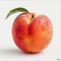 Wall Mural - A peach in a white background. It has a red color and a green leaf attached to it.