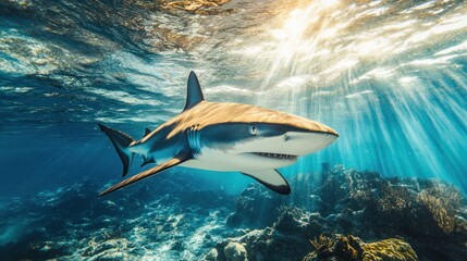 Wall Mural - Shark Swimming in the Ocean with Sun Rays