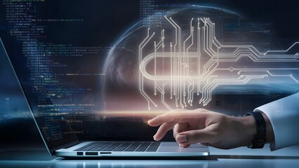 a software engineers hand on a laptop with quantum circuit designs and code visible on the screen futuristic technology 