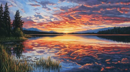 Wall Mural - Sunset Reflected in a Still Lake with Silhouetted Mountains and Trees