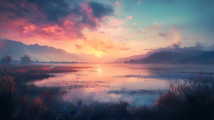 Wall Mural - Mountain Lake Sunset with Pink and Orange Skies