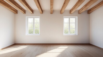 Bright and airy interior of a room with wooden beams and large windows, perfect for modern home decor.