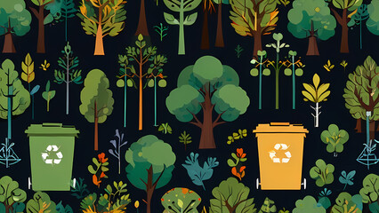 Poster - flat vector background showcasing a seamless blend of nature and recycling symbols