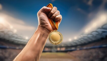 Wall Mural - hand raising medal in victory