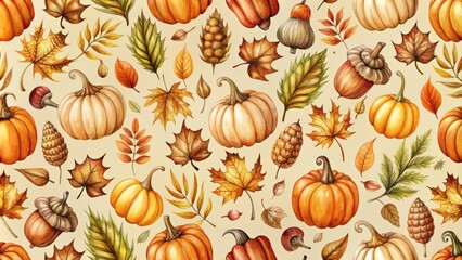 Wall Mural - Watercolor seamless pattern of autumn foliage, acorns, and pumpkins in warm earth tones, watercolor, seamless, pattern,autumn