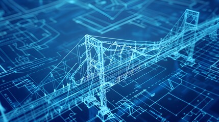 Poster - A bridge blueprint with intricate details, showing the structural components and material specifications in 3D overlays