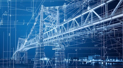 Poster - A bridge blueprint with intricate details, showing the structural components and material specifications in 3D overlays